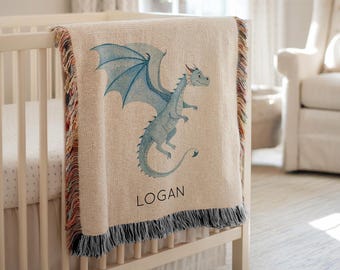 Personalized Blue Dragon Baby Blanket, Custom Name Fantasy Dragon Throw for Boys, Soft Nursery Gift for Baby Boy, Toddler Room Decor