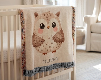 Personalized Owl Baby Blanket, Custom Name Woodland Animal Print Throw, Cozy Forest Nursery Bedding, Cute Night Bird Baby Shower Gift