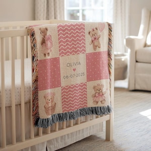Personalized Teddy Bear Baby Blanket Girl, Custom Name & Birth Date Pink Patchwork Quilt, Soft Crib Throw, Baby Girl Shower Gift Keepsake