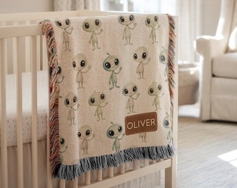 Personalized Alien Baby Blanket, Custom Name Space Creatures Print Throw, Cozy Galaxy Nursery Bedding, Cute Outer Space Baby Shower Gift