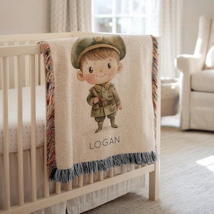 Personalized Little Soldier Boy Baby Blanket, Custom Name Army Military Nursery Throw, Green Uniform Baby Bedding, Baby Shower Gift for Boys