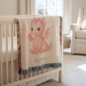 Personalized Pink Dragon Baby Blanket, Custom Name Fantasy Nursery Throw, Cute Dragon Baby Shower Gift for Girls