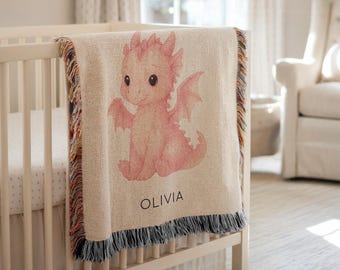 Personalized Pink Dragon Baby Blanket, Custom Name Fantasy Nursery Throw, Cute Dragon Baby Shower Gift for Girls