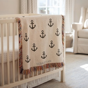Manta de bebé personalizada con ancla, manta con nombre náutico personalizado para niños, manta de guardería con temática oceánica, regalo para baby shower para bebé marinero