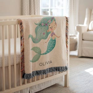 Personalized Mermaid Girl Baby Blanket, Custom Name Ocean Nursery Throw, Under the Sea Baby Shower Gift, Fantasy Princess Kids Room Decor
