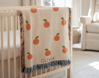 Personalized Tangerine Baby Blanket, Custom Name Fruit Print Throw, Cute Orange Tangerine Nursery Bedding, Cozy Fresh Citrus Style Blanket
