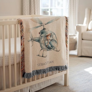 Personalized Boy Helicopter Baby Blanket, Custom Name Aviation Nursery Throw, Pilot Baby Shower Gift, Aircraft Themed Kids Room Decor