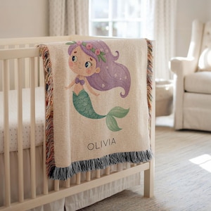 Personalized Mermaid Girl Baby Blanket, Custom Name Ocean Nursery Throw, Under the Sea Baby Shower Gift, Fantasy Princess Kids Room Decor