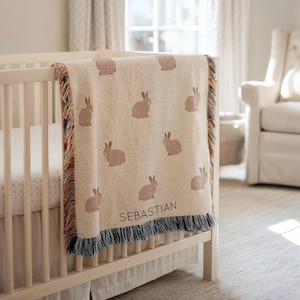 Personalized Rabbit Baby Blanket, Custom Name Bunny Nursery Throw, Baby Shower Gift, Rabbit Lover Kids Room Decor for Boy or Girl