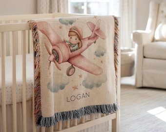 Personalized Little Pilot Girl Blanket in Pink Airplane, Custom Name Aviation Baby Throw, Airplane Nursery Decor, Baby Shower Gift