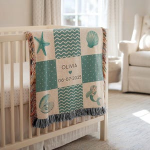 Personalized Blue Mermaid Patchwork Baby Blanket, Custom Name & Birth Date Ocean Nursery Throw, Under the Sea Baby Shower Gift for Girl