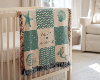 Personalized Blue Mermaid Patchwork Baby Blanket, Custom Name & Birth Date Ocean Nursery Throw, Under the Sea Baby Shower Gift for Girl