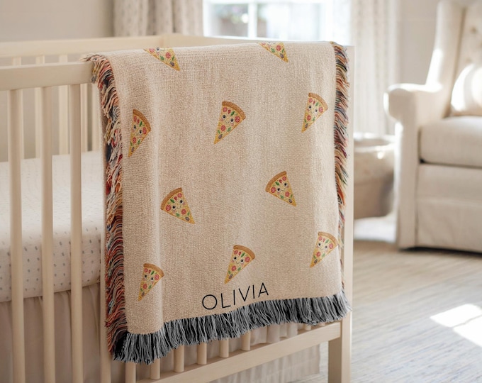 Personalized Kawaii Pizza Baby Blanket, Custom Name Cute Fast Food Print Throw, Cozy Cartoon Nursery Bedding, Fun Cheesy Baby Shower Gift