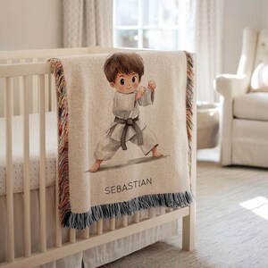 Personalized Boy Karate Baby Blanket, Custom Name Martial Arts Nursery Throw, Taekwondo Baby Shower Gift, Karate Dojo Kids Room Decor