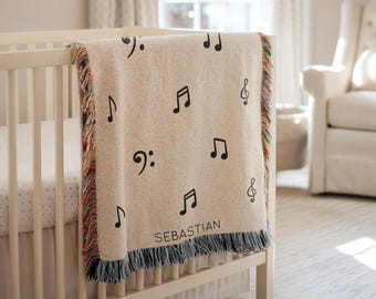 Personalized Music Notes Baby Blanket, Custom Name Musical Symbol Nursery Throw, Baby Shower Gift, Music Lover Kids Room Decor