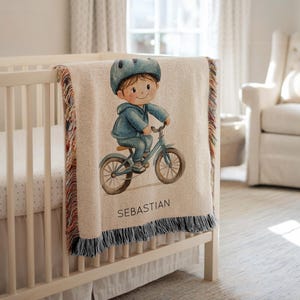 Personalized Boy Bicycle Baby Blanket, Custom Name Cycling Nursery Throw, Biker Baby Shower Gift, Bike Rider Themed Kids Room Decor