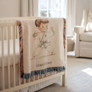 Personalized Boy Karate Baby Blanket, Custom Name Martial Arts Nursery Throw, Taekwondo Baby Shower Gift, Karate Dojo Kids Room Decor