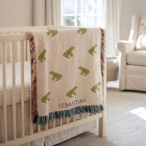 Personalized Frog Baby Blanket, Custom Name Woodland Animal Nursery Throw, Baby Shower Gift, Frog Lover Kids Room Decor for Boy or Girl
