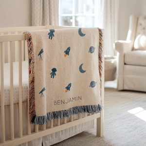 Personalized Space Baby Blanket, Outer Space Crib Throw with Astronaut and Planets, Custom Name Rocket Blanket, Galaxy Nursery Decor