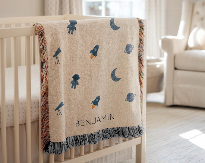 Personalized Space Baby Blanket, Outer Space Crib Throw with Astronaut and Planets, Custom Name Rocket Blanket, Galaxy Nursery Decor