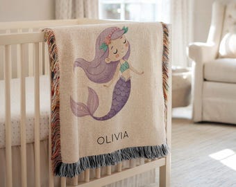 Personalized Mermaid Girl Baby Blanket, Custom Name Ocean Nursery Throw, Under the Sea Baby Shower Gift, Fantasy Princess Kids Room Decor