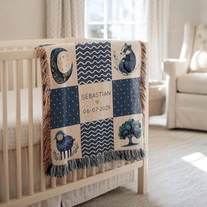 May include: A personalized baby blanket with a patchwork design. The blanket features navy blue squares with patterns of a moon, waves, dots, a badger, a sheep, and a tree. The center square has the name "Sebastian" and the date "06-07-2025".