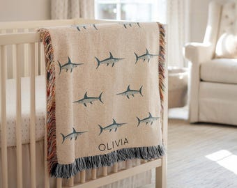 Personalized Swordfish Baby Blanket, Custom Name Ocean Animal Nursery Throw, Baby Shower Gift, Swordfish Lover Kids Room Decor for Boy