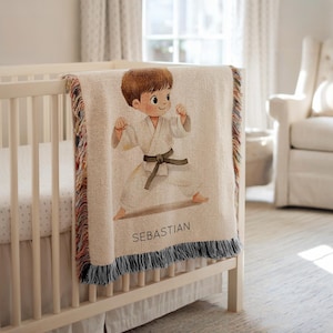 Personalized Boy Karate Baby Blanket, Custom Name Martial Arts Nursery Throw, Taekwondo Baby Shower Gift, Karate Dojo Kids Room Decor