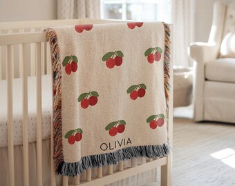 Personalized Cranberry Baby Blanket, Name Fruit Print Throw, Cute Red Cranberry Nursery Bedding, Cozy Winter Berry Patch Style Blanket
