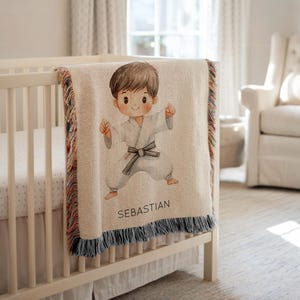 Personalized Boy Karate Baby Blanket, Custom Name Martial Arts Nursery Throw, Taekwondo Baby Shower Gift, Karate Dojo Kids Room Decor