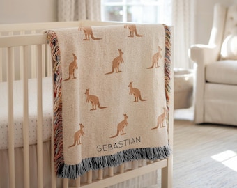 Personalized Kangaroo Baby Blanket, Custom Name Australian Animal Nursery Throw, Baby Shower Gift, Kangaroo Lover Kids Room Decor Boy Girl