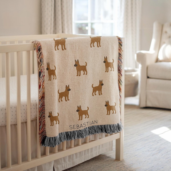 Personalized Belgian Malinois Dog Baby Blanket, Custom Name Dog Breed Nursery Throw, Baby Shower Gift, Malinois Lover Kids Room Decor