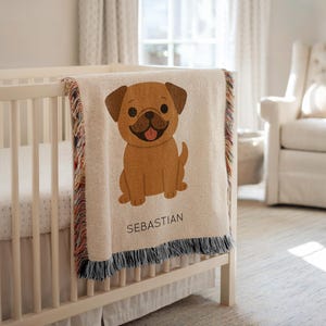 Personalized Pug Dog Baby Blanket, Custom Name Puppy Nursery Throw, Pet Lover Baby Shower Gift, Cute Pug Breed Kids Room Decor
