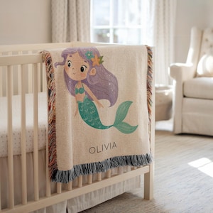 Personalized Mermaid Girl Baby Blanket, Custom Name Ocean Nursery Throw, Under the Sea Baby Shower Gift, Fantasy Princess Kids Room Decor