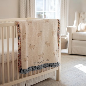Spersonalizowany kocyk dla dziecka z kozą, narzuta do pokoju dziecięcego z imieniem zwierzęcia gospodarskiego, prezent na baby shower, dekoracja pokoju dziecięcego dla chłopca lub dziewczynki, miłośnika kóz