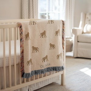 Personalized Baboon Baby Blanket, Custom Name Jungle Animal Nursery Throw, Baby Shower Gift, Baboon Lover Kids Room Decor for Boy or Girl
