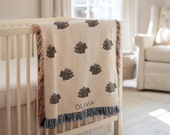 Personalized Porcupine Baby Blanket, Custom Name Woodland Animal Nursery Throw, Baby Shower Gift, Porcupine Lover Kids Room Decor for Boy