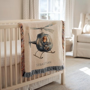 Personalized Boy Helicopter Baby Blanket, Custom Name Aviation Nursery Throw, Pilot Baby Shower Gift, Aircraft Themed Kids Room Decor