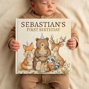 Personalized First Birthday Woodland Book, Custom Baby 1st Birthday Book, Woodland Animals 1st Birthday Gift, 1st Birthday Keepsake Woodland
