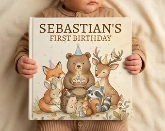 Livre personnalisé pour le premier anniversaire des bois, livre personnalisé pour le 1er anniversaire de bébé, cadeau 1er anniversaire animaux de la forêt, souvenir 1er anniversaire Woodland