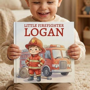Pode incluir: Uma criança segurando um livro intitulado "Little Firefighter Logan". A capa apresenta uma ilustração de um bombeiro de desenho animado em uniforme em frente a um caminhão de bombeiros vermelho. O texto do título é vermelho e preto.