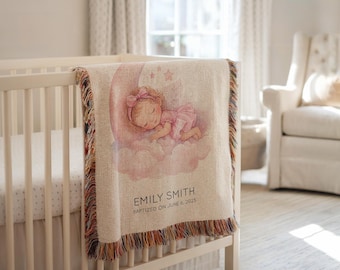Personalized Baptism Baby Blanket, Sleeping Baby Girl Crib Throw, Custom Christening Gift, Religious Baby Name Blanket, Godchild Gift