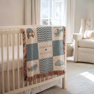 Personalized Airplane Aviation Baby Blanket, Aviation Patchwork Throw with Name and Date, Baby Boy Pilot Gift Blanket, Babyshower Plane Gift