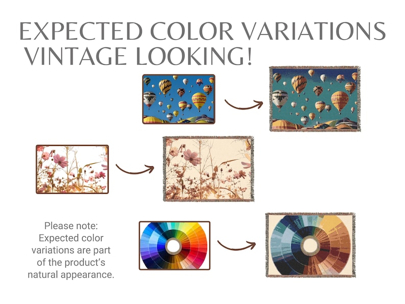 May include: Image showing expected color variations of a product with a vintage aesthetic. The image includes examples of the product with hot air balloons, floral patterns, and color palettes. Text reads "EXPECTED COLOR VARIATIONS VINTAGE LOOKING!"