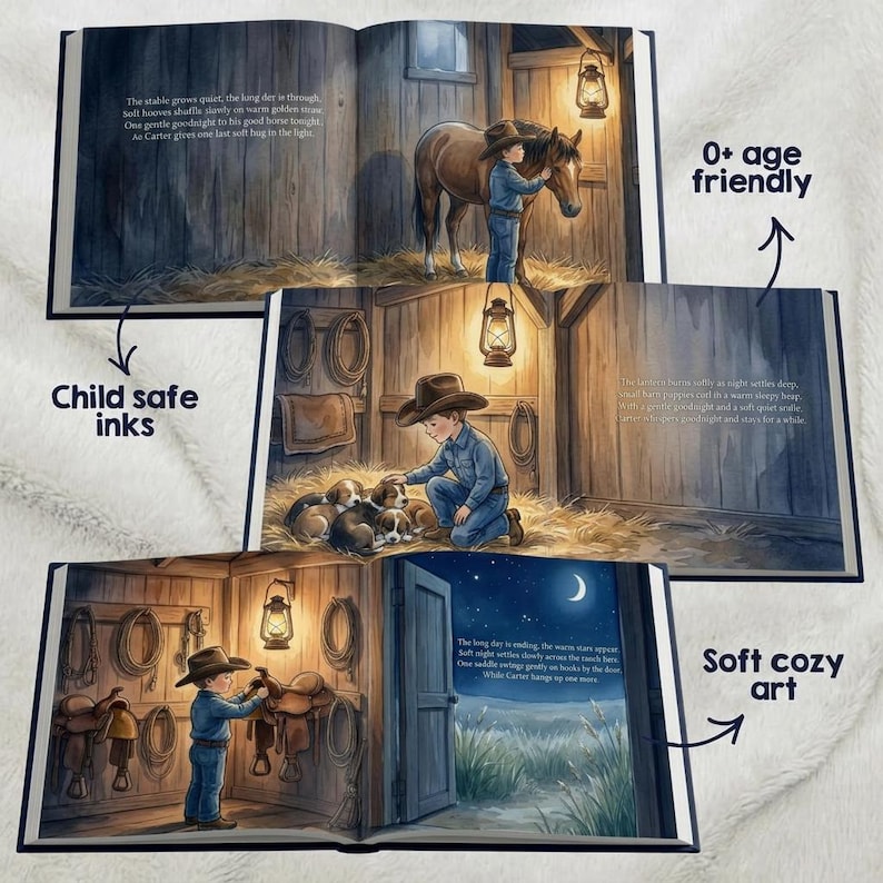 Pode incluir: Um livro infantil com ilustra&ccedil;&otilde;es de um menino com chap&eacute;u de cowboy interagindo com um cavalo, filhotes e selas. O livro tem texto e &eacute; rotulado como "0+ age friendly", "Child safe inks" e "Soft cozy art".