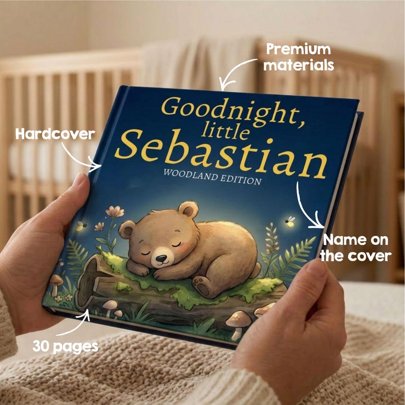 May include: A hardcover children's book titled "Goodnight, little Sebastian" with a woodland theme. The cover features a sleeping brown bear illustration. The book has 30 pages and is made with premium materials.