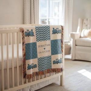 Personalized Blue Train Baby Blanket for Boy, Custom Name Blanket with Blue Train for Boy, Train Blankets, Nursery Decor Train Theme