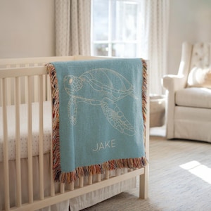 Personalized Sea Turtle Baby Blanket, Ocean Baby Name Throw, Custom Marine Animal Blanket, Blue Baby Nursery Gift, Turtle Baby Blanket