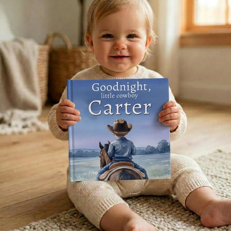 Pode incluir: Um beb&ecirc; segurando um livro infantil intitulado "Goodnight, little cowboy Carter". A capa do livro apresenta um cowboy montado a cavalo. O beb&ecirc; est&aacute; vestindo um su&eacute;ter creme e sorrindo. Livro infantil.
