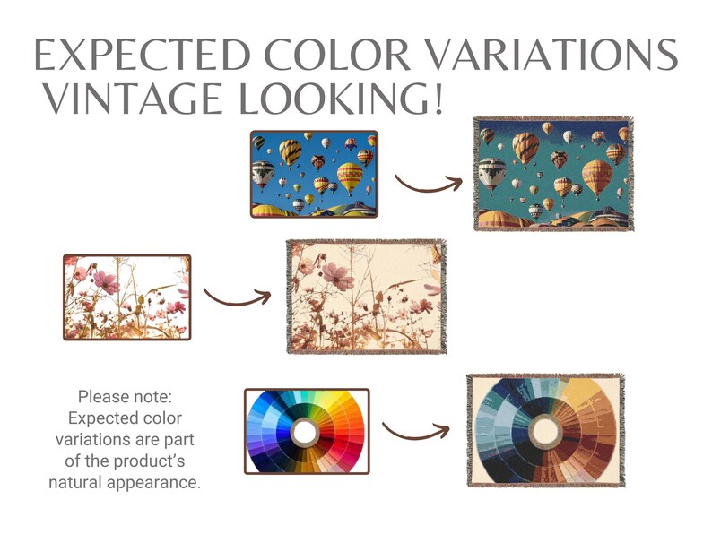 May include: Image showing examples of expected color variations for a product. The image includes a hot air balloon design, floral patterns, and color palettes. Text reads "EXPECTED COLOR VARIATIONS VINTAGE LOOKING!" and "Please note: Expected color variations are part of the product's natural appearance."